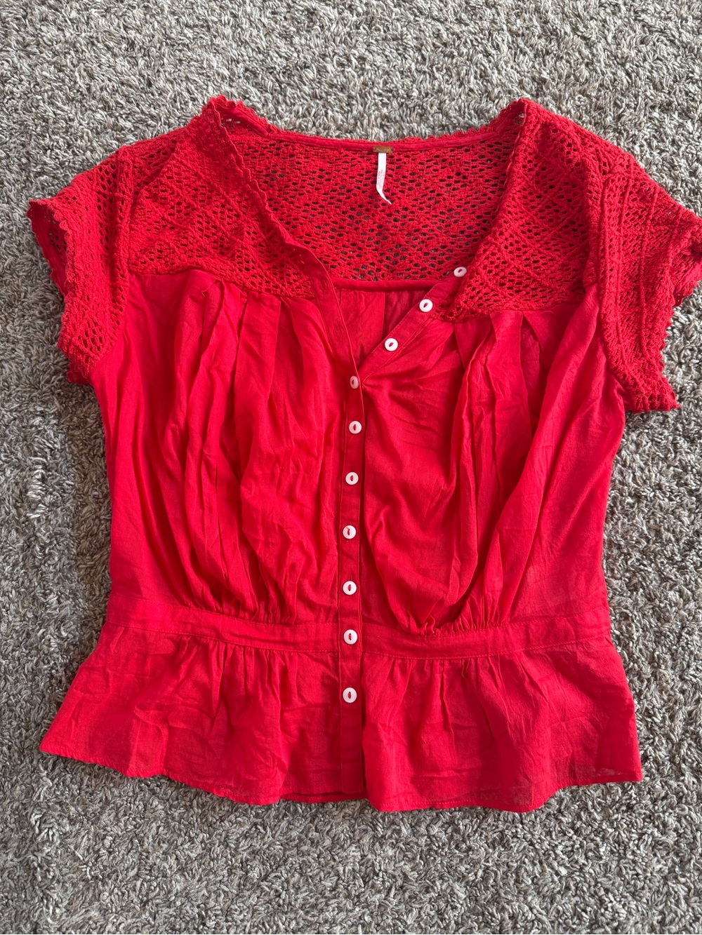 Free People Red Crochet Button-Front Blouse